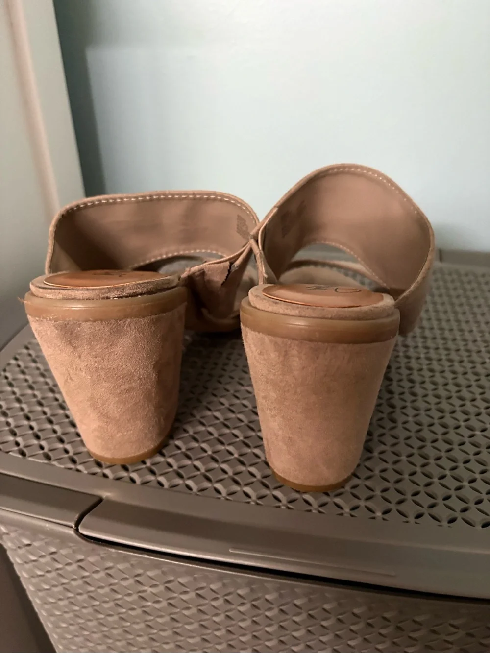 Y-Not? Suede Double-Band Slide Heels in Beige
